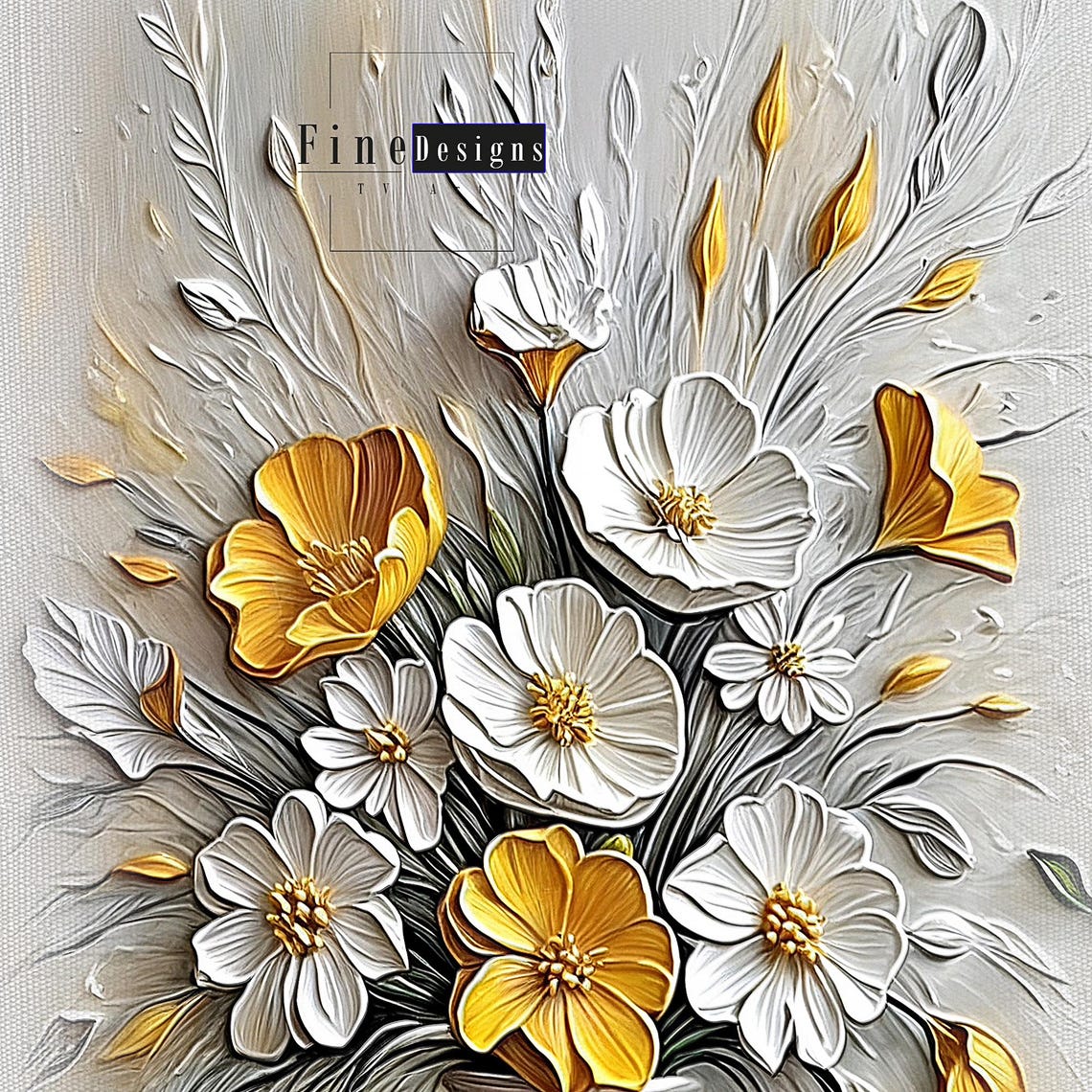 White Yellow Daisy Vase Vertical Impasto Floral Painting Wall Poster - Image 2