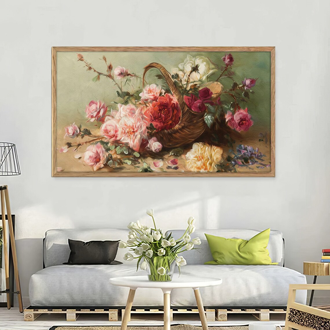 Vintage Rose Basket Still Life Pink Red Cream Flower Art Poster - Image 2