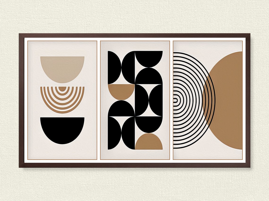 Boho Geometric Half Circle Black Tan 3 Panel Mid Century Art Poster - Image 3