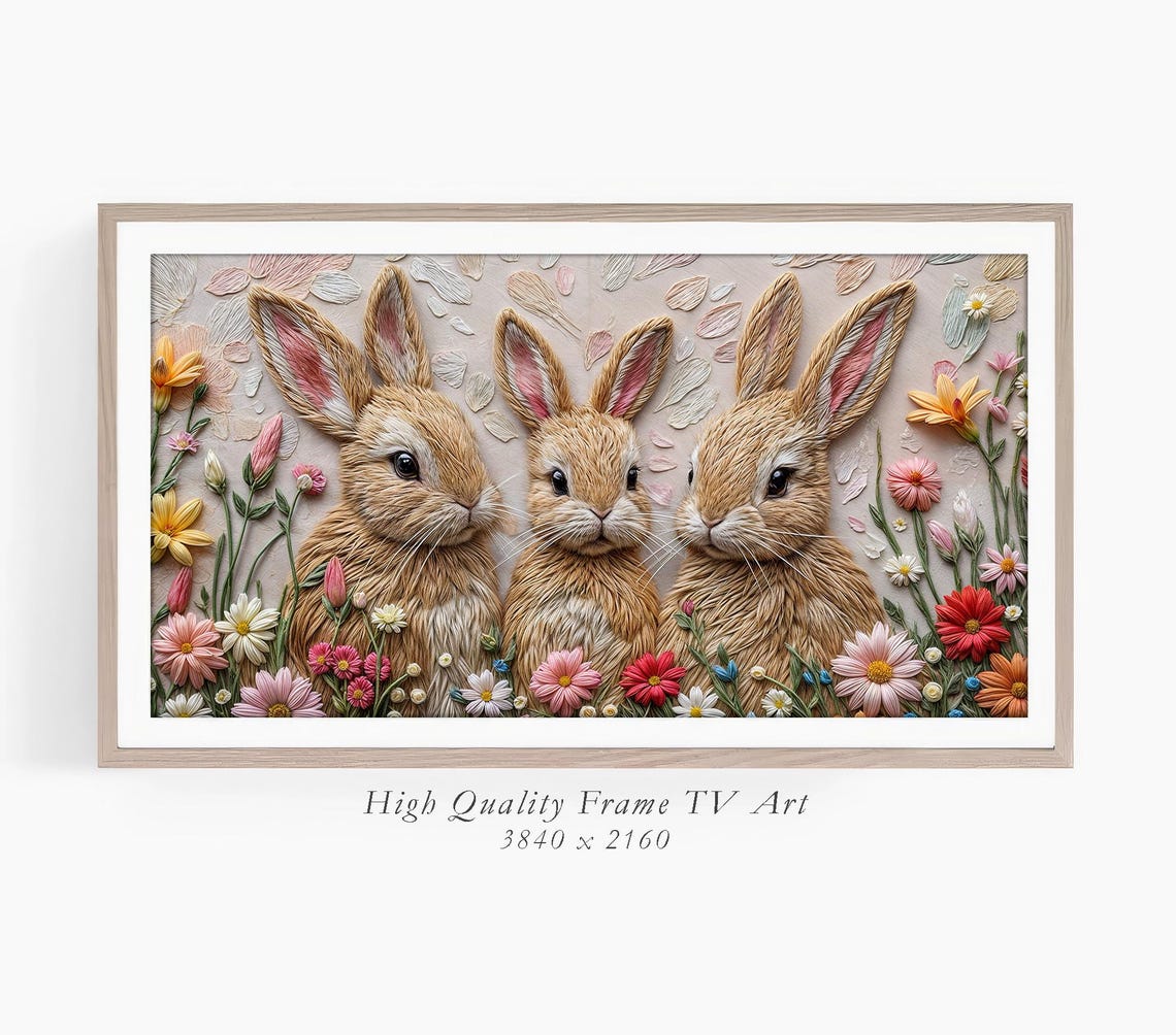 Three Bunnies Flower Field Textured Spring Rabbit Trio Art Print - Image 3
