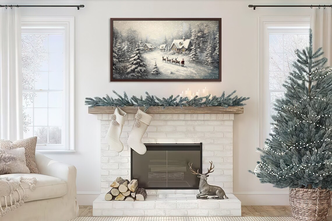 Santa Claus Sleigh Reindeer Christmas Night Snowy Village Art Poster - Image 3