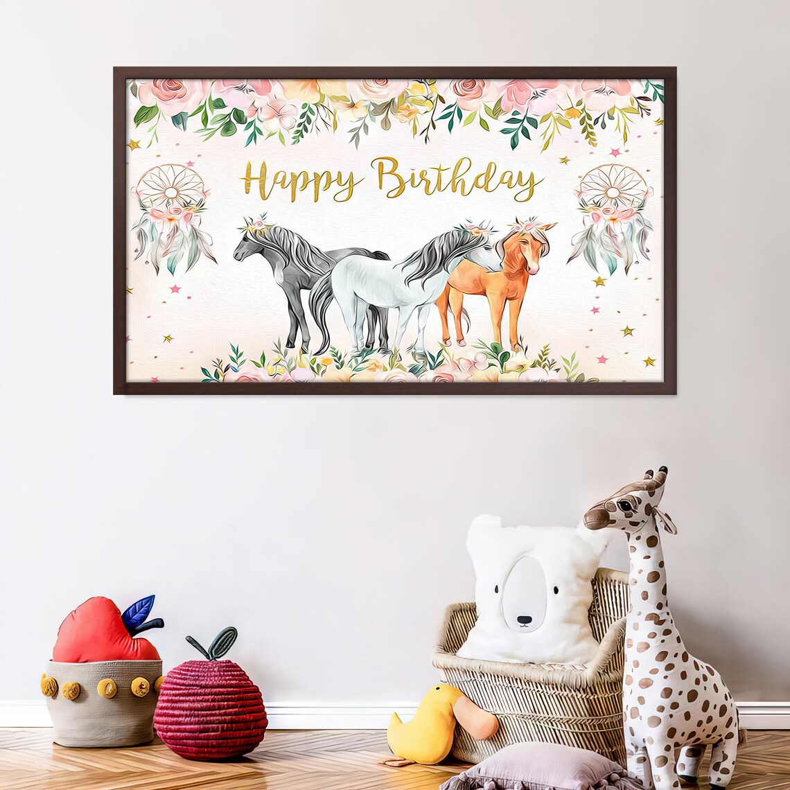 Happy Birthday Horses Floral Crowns Gold Script Party Wall Art Print - Image 2