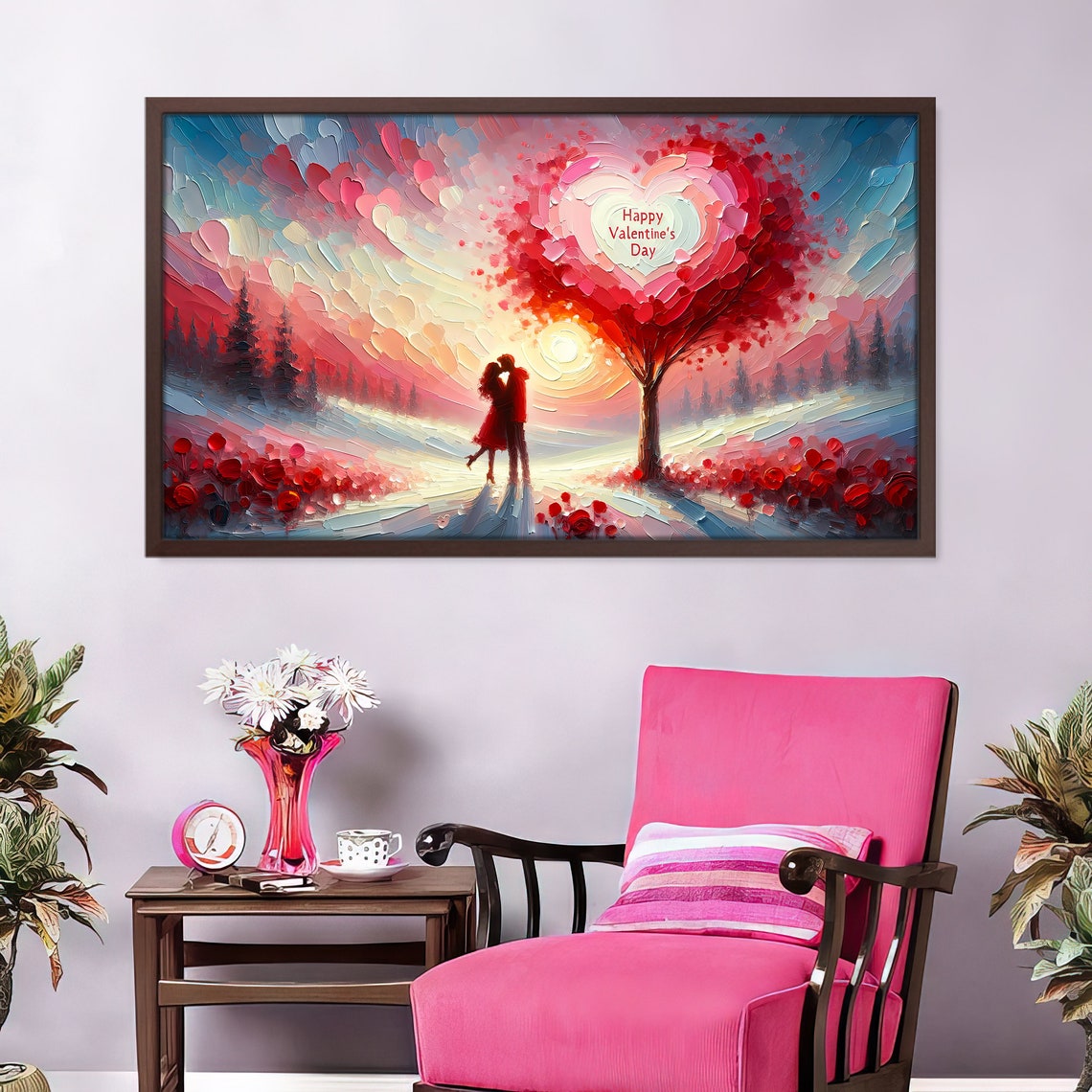 Happy Valentine's Day Heart Tree Couple Sunset Romantic Art Poster - Image 2