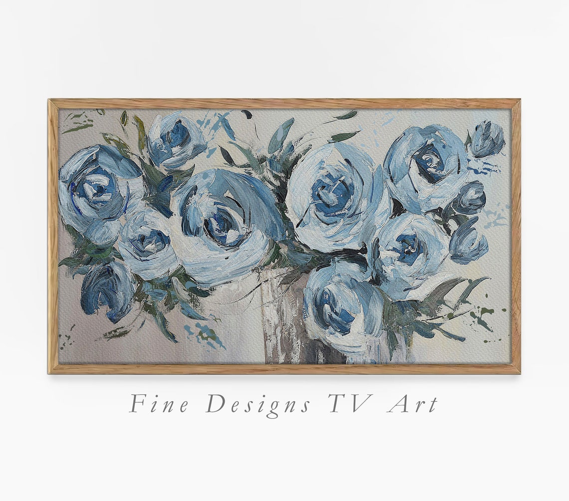Hand Painted Blue Roses Monochrome Vase Brushwork Elegant Art Poster
