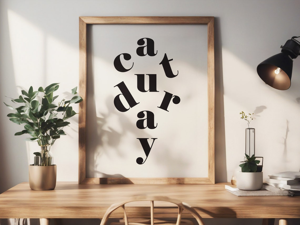 Cat Lover Caturday Scattered Letters Minimalist Black White Wall Art