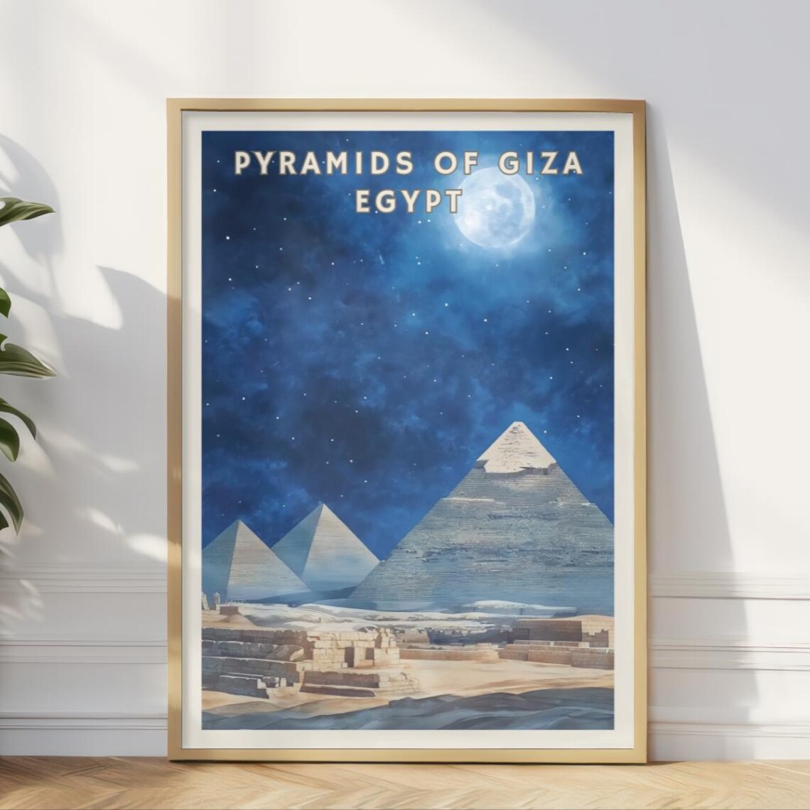 Pyramids Of Giza Egypt Night Sky Full Moon Desert Landscape Poster