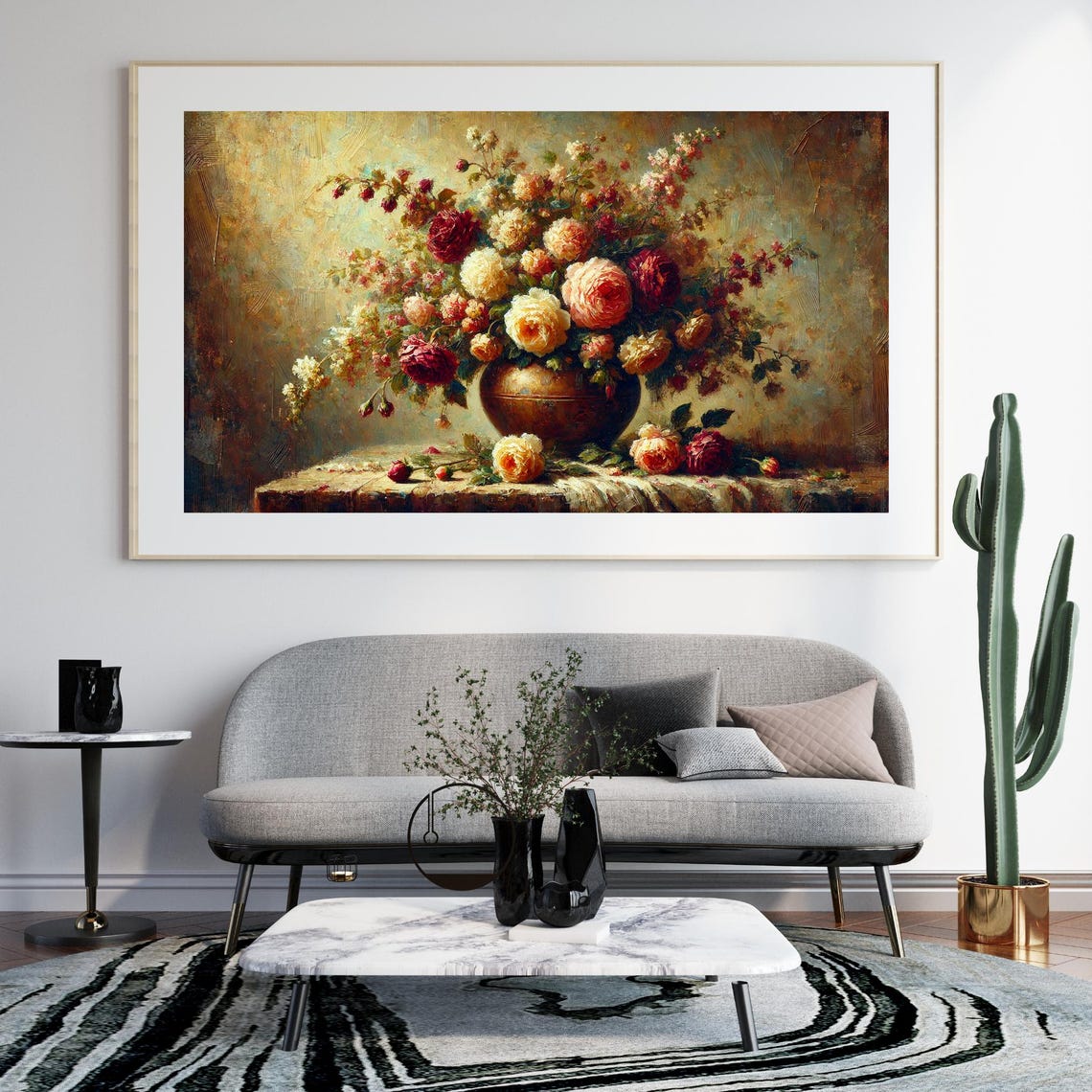Vintage Rose Still Life In Bronze Vase Impasto Oil Art Poster