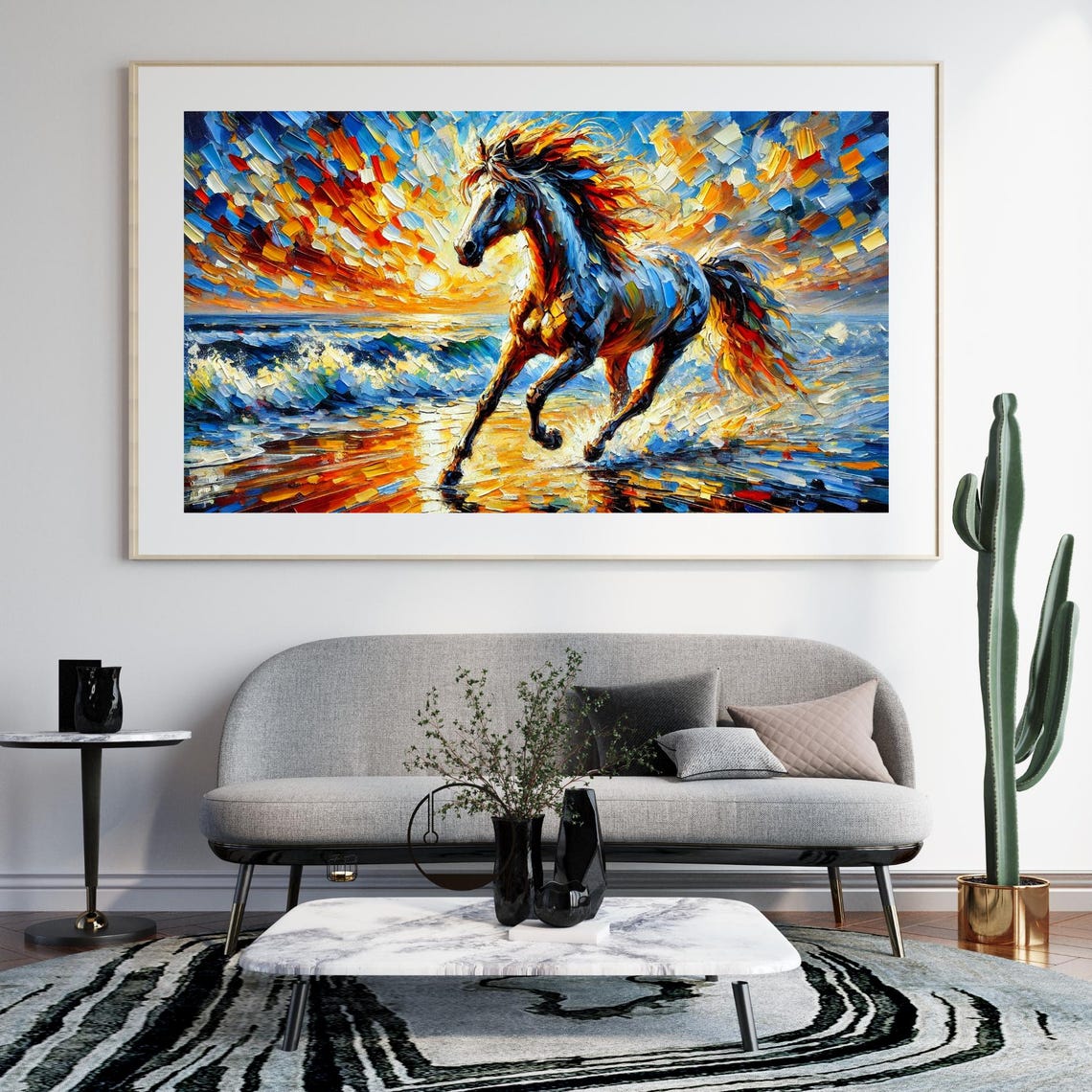 Galloping Wild Horse On A Glowing Sunset Beach Impasto Oil Poster