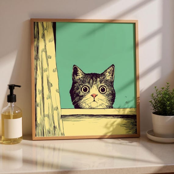 Cat Bathroom Art Funny Peeking Shower Poster Retro Washroom Decor Cute Kitty Wall Hanging Gift For Moms