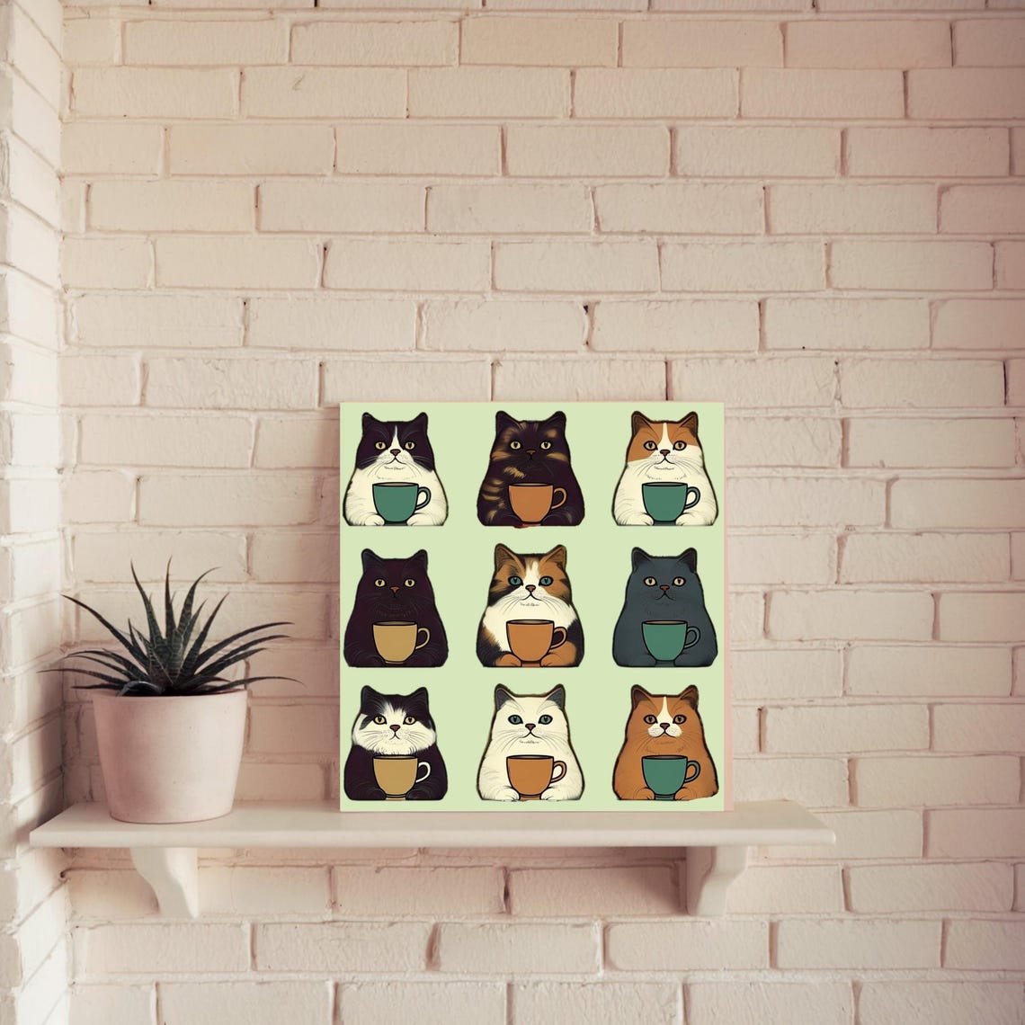 Adorable Nine Cats Holding Coffee Cups Cute Illustration Poster