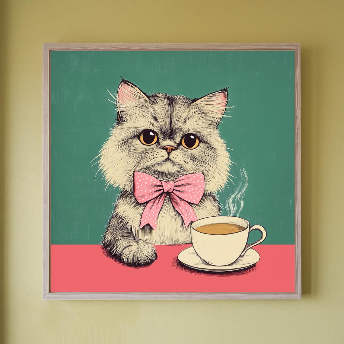 Cute Fluffy Kitten In Pink Bowtie Sipping Morning Coffee Poster