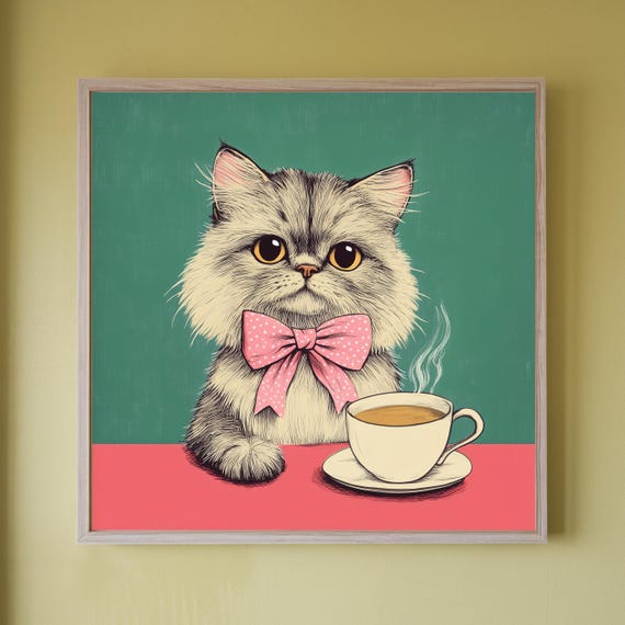 Coquette Cat Retro Coffee Poster Minimal Kitchen Art Print Cute Fluffy Decor For Cafe Or Bar Gift Mom