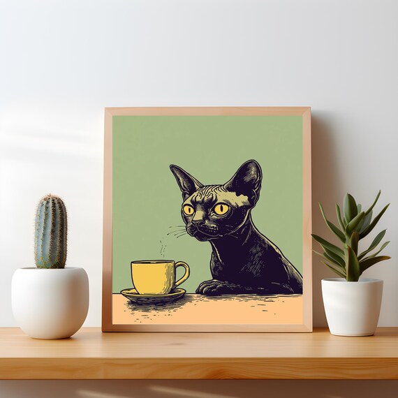 Black Sphynx Cat Coffee Art Print Funny Sphinx Poster Cafe Wall Decor Quirky Gift For Hairless Lovers