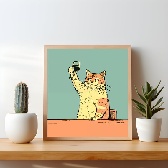 Orange Cat Raising Wine Glass Retro Cheers Celebration Poster