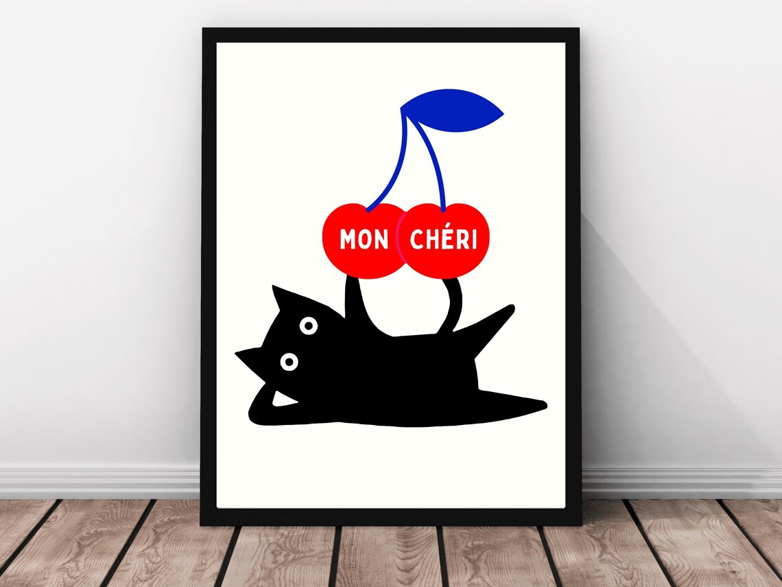 Mon Cheri Black Cat Cherry Retro French Pop Art Cat Love Poster - Image 4