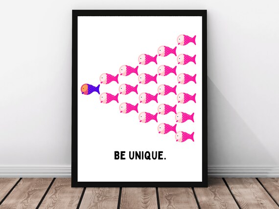 Be Unique Pink Fish Love Kids Gift Inspirational Quote Bright Playroom Decor Swimming Art Cheerful Positive Quote Instant