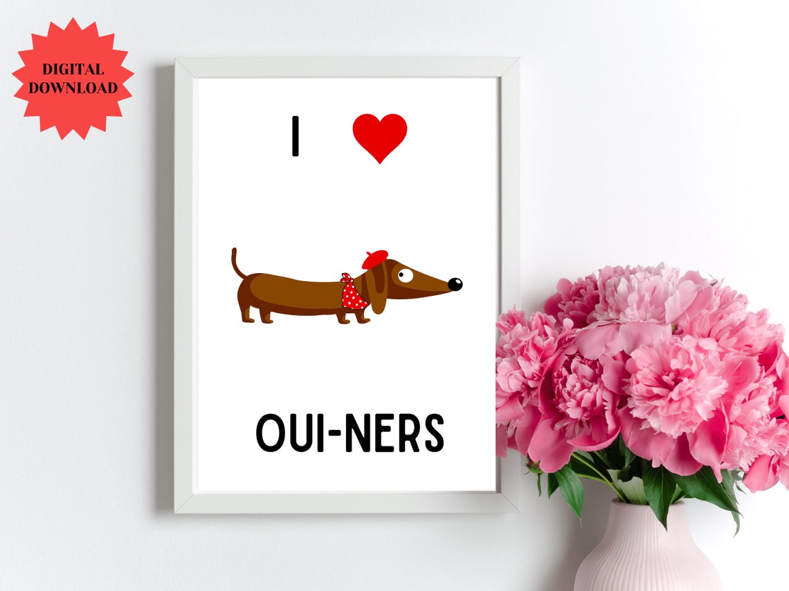 French I Heart Wiener Dogs Print Adorable Dachshund Parisian Doxie Love Poster Red Dog Amour Decor Pun Art Gift Dog Mom