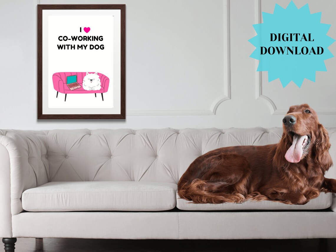 I Love Co Working With My Dog Pink Couch Office Cartoon Poster - Image 2