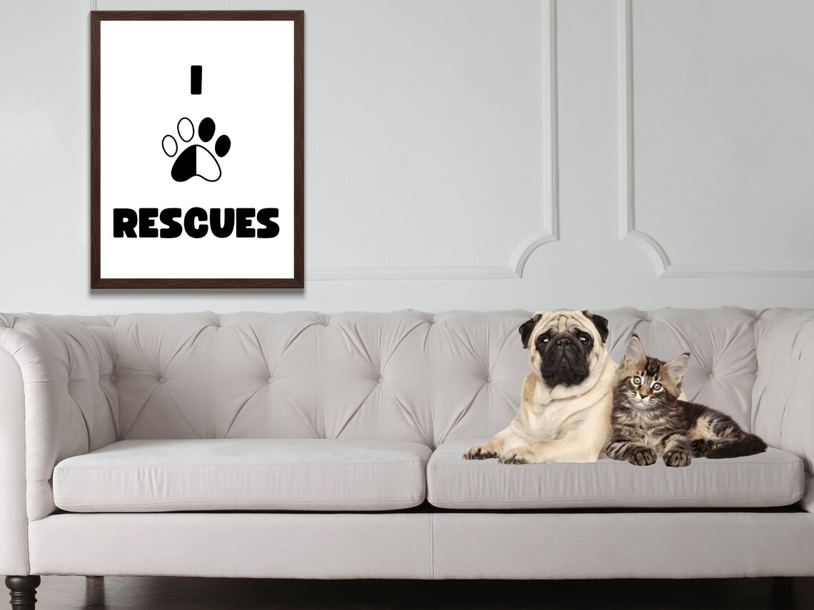 I Love Rescues Paw Black And White Pet Adoption Heart Poster - Image 3