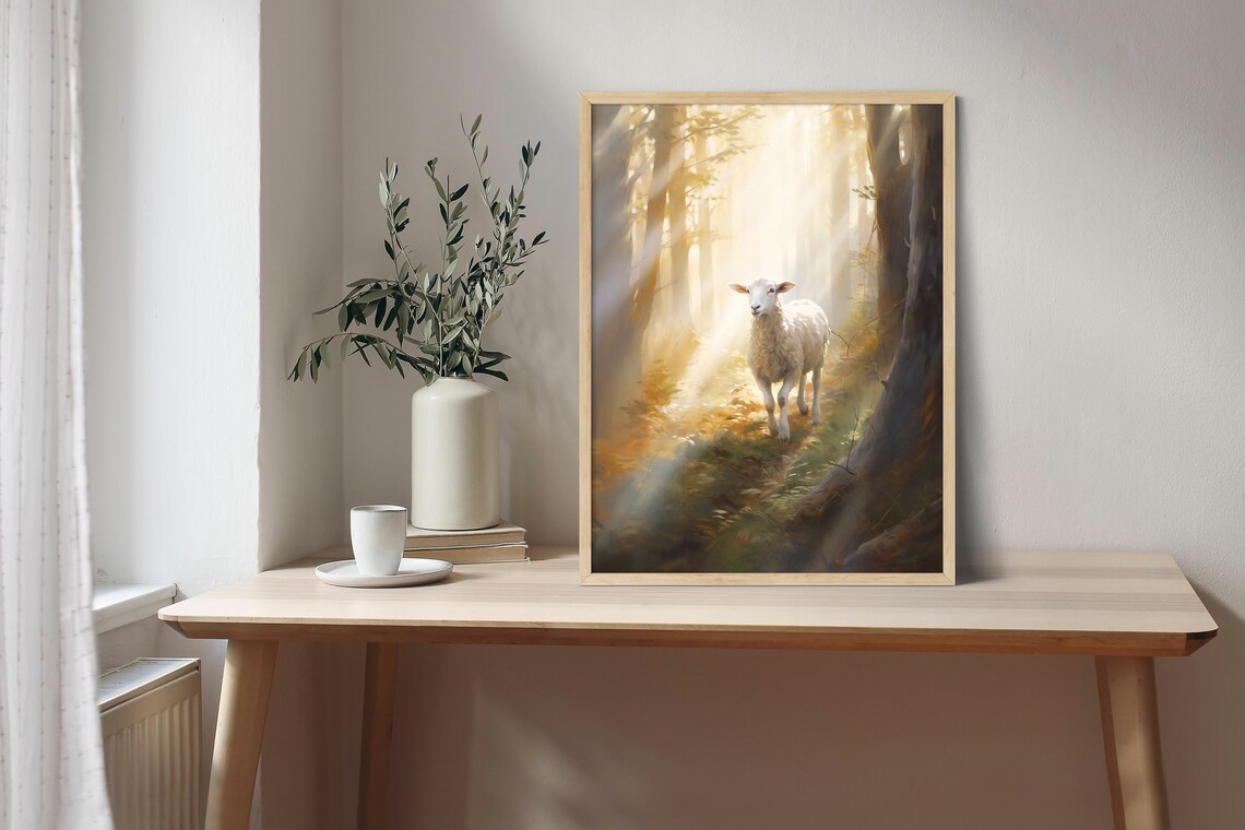 Lost Sheep Sunlit Forest Painting Christian Parable Faith Print - Image 3