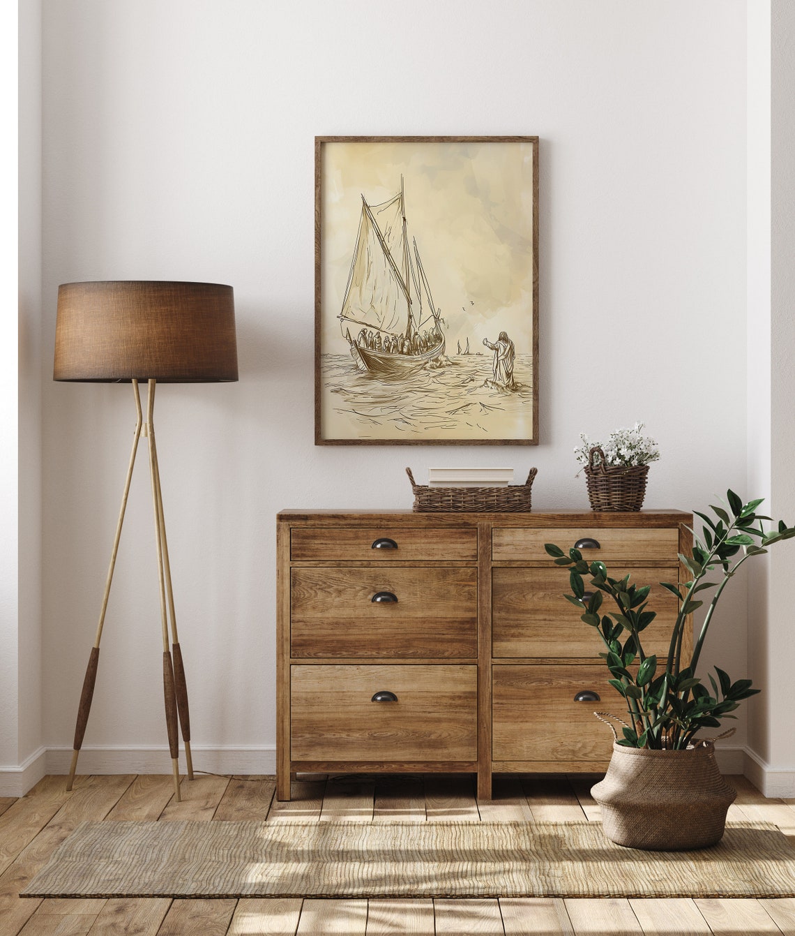 Jesus Walking on Water Sepia Ink Sketch Sailboat Disciples Poster - Image 2