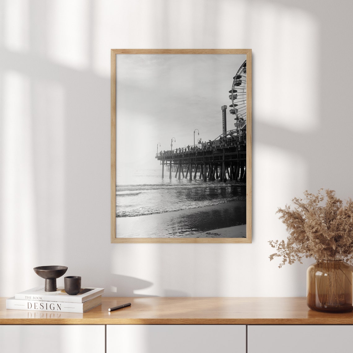 Santa Monica Pier Ferris Wheel Black White Beach Photo Poster - Image 2