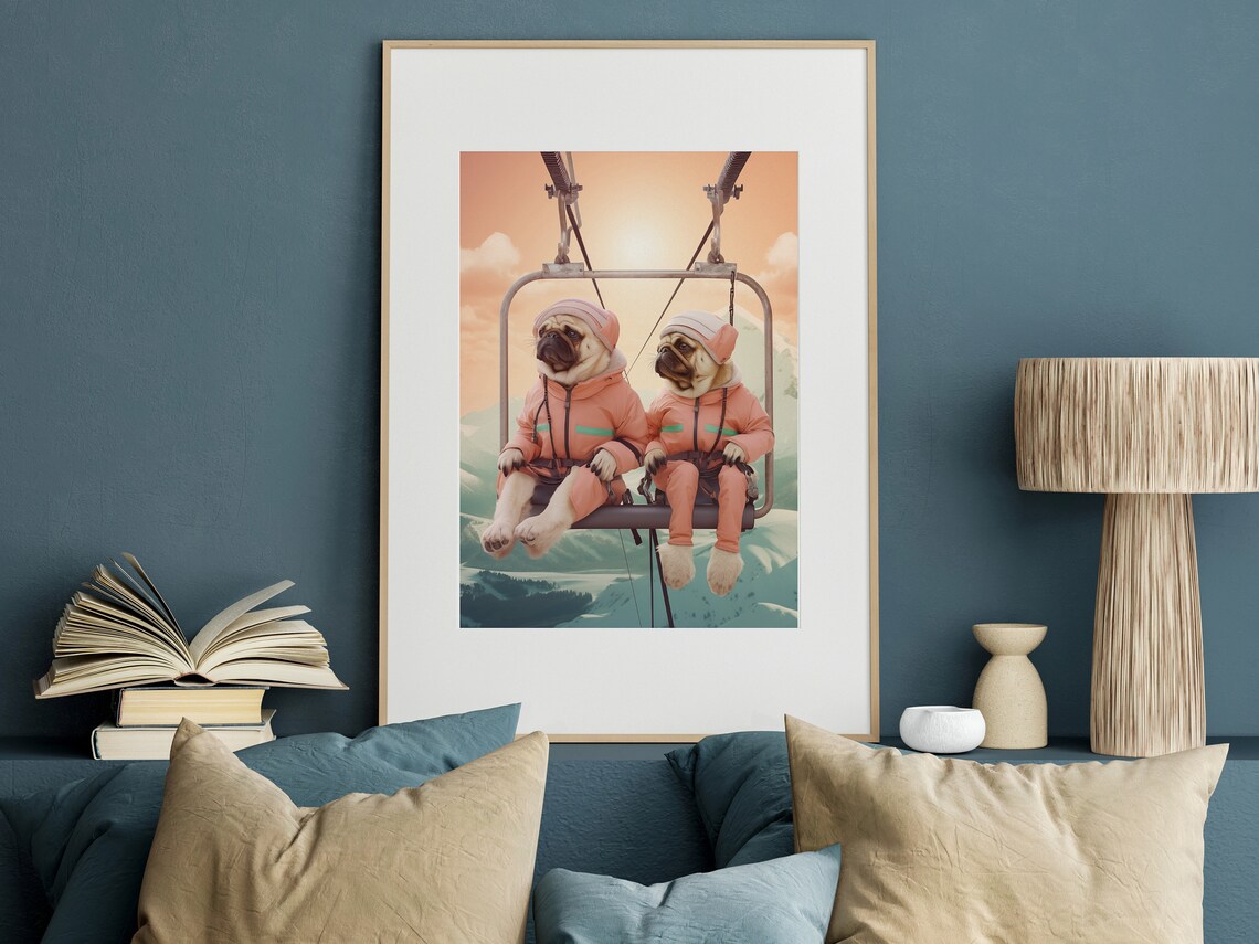 Two Pugs in Ski Gear Riding a Chairlift Funny Dog Winter Wall Art - Image 2
