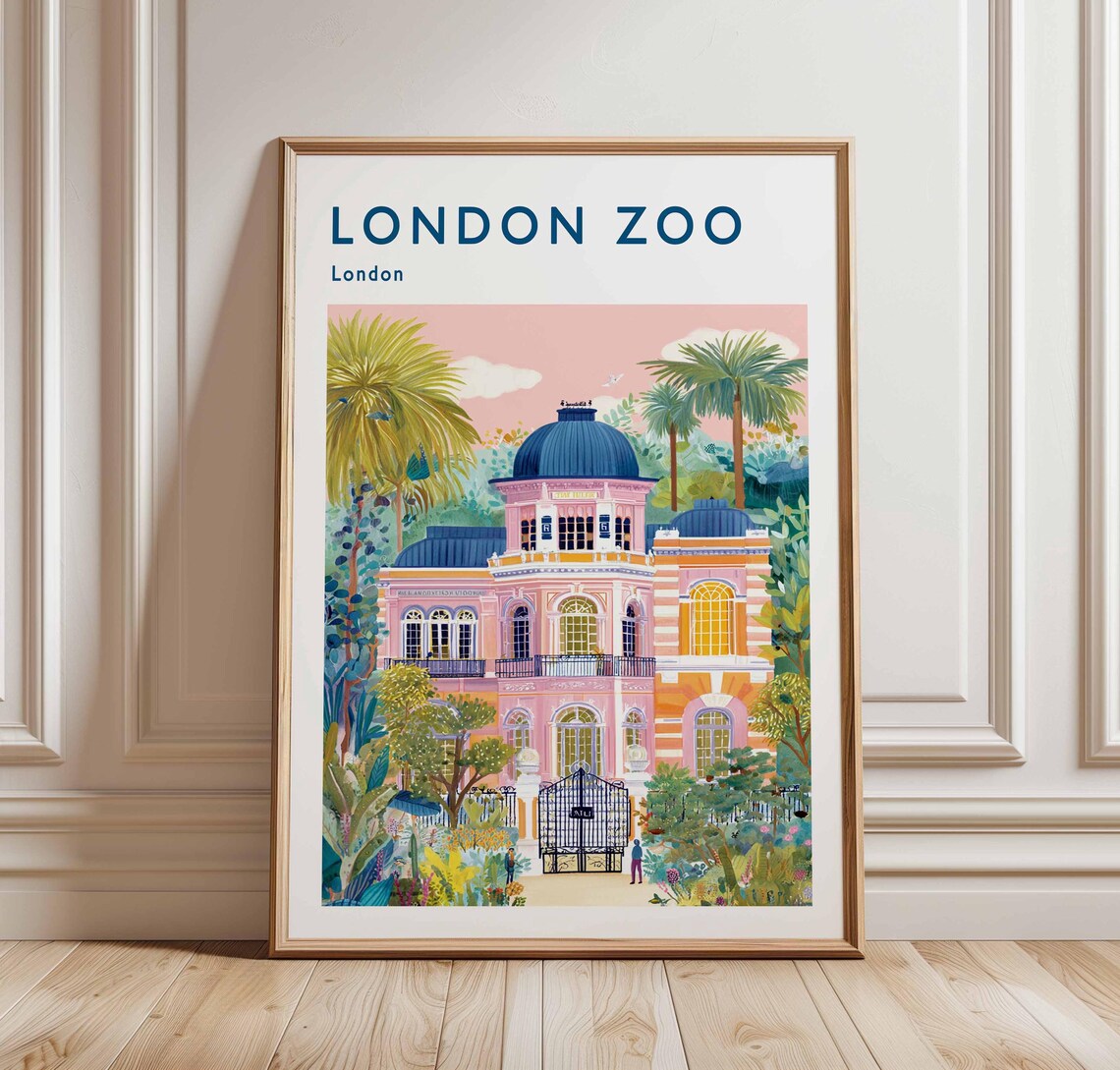 London Zoo Vintage Travel Poster Pink Colonial Building Palms