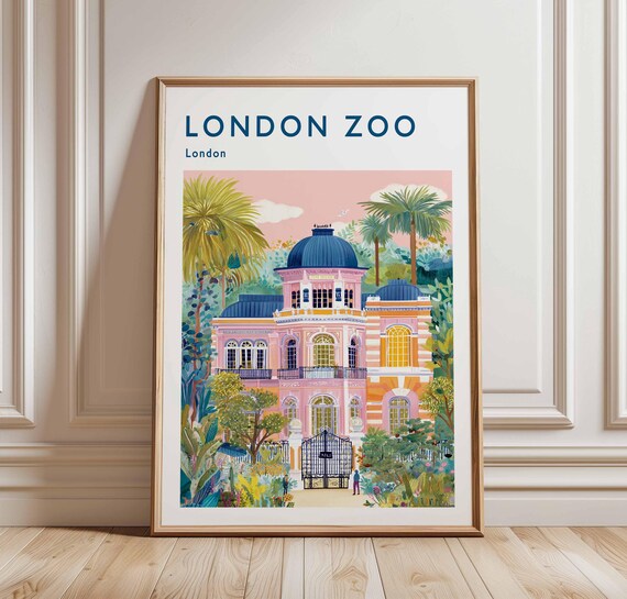 London Zoo Vintage Travel Poster Pink Colonial Building Palms