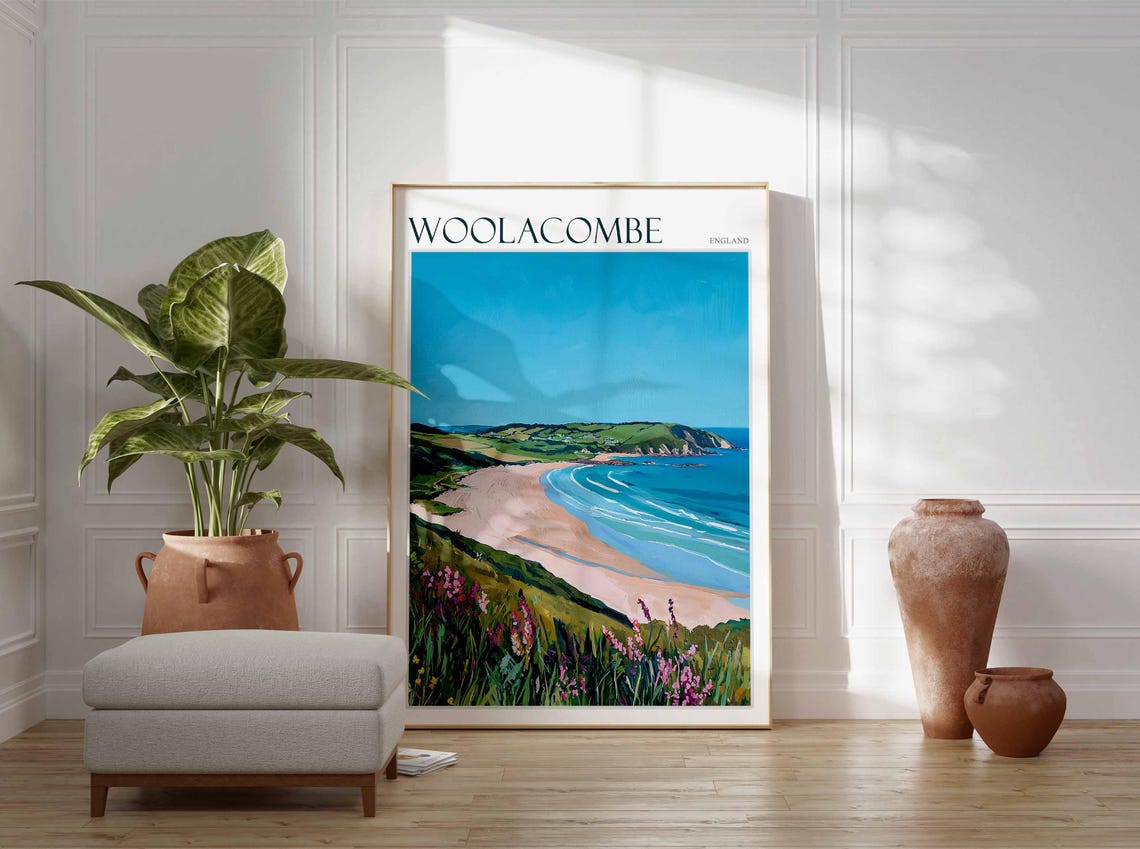 Woolacombe England Pink Sand Beach Blooming Wildflower Cliffs Poster - Image 2
