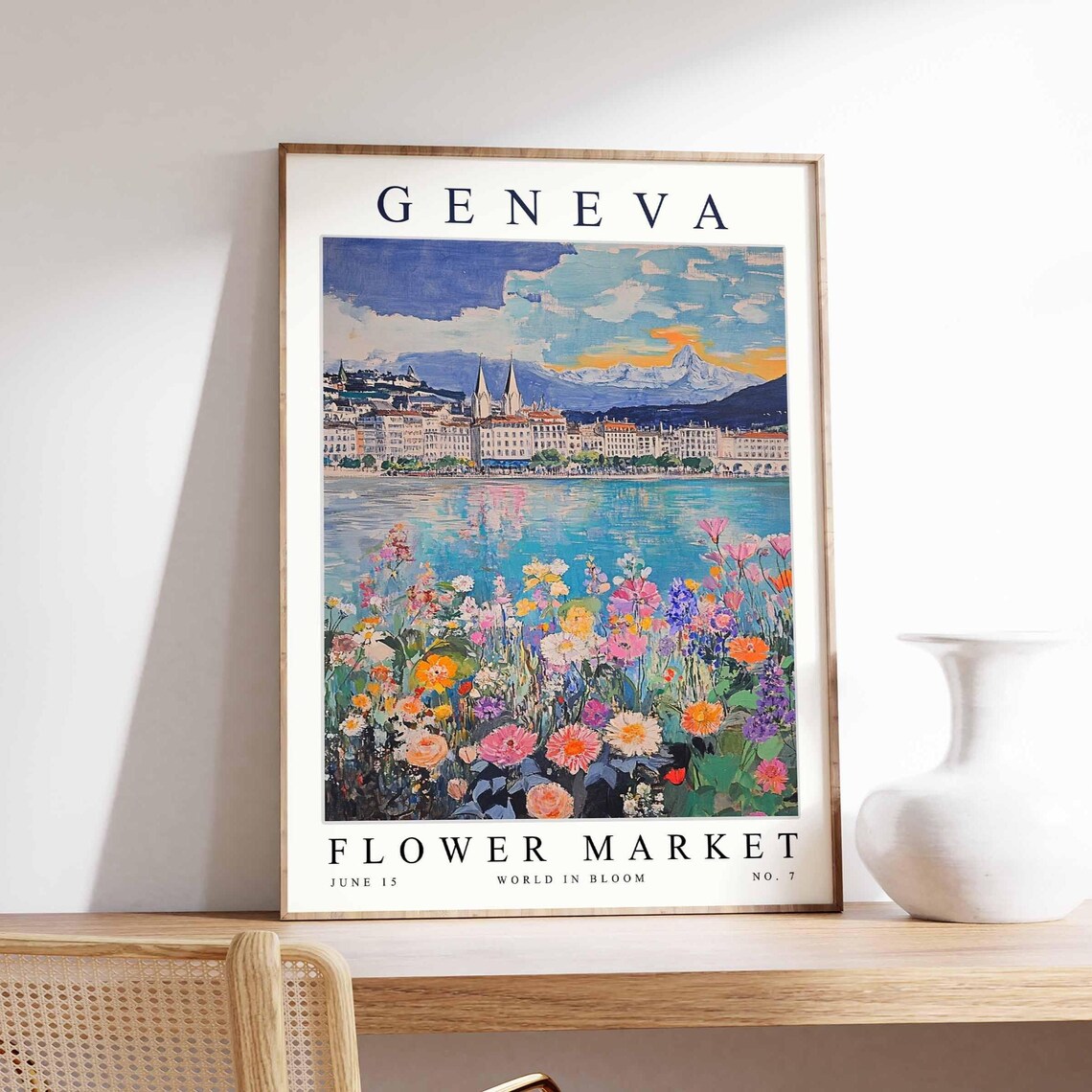 Geneva Flower Market Lake Sunset City Skyline Floral Art Poster