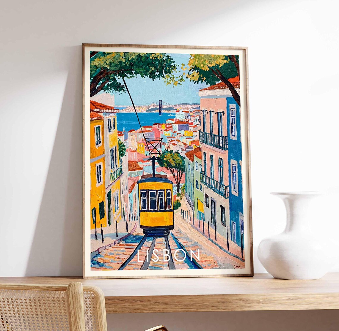 Lisbon Portugal Yellow Tram Climbing Steep Street River View Poster