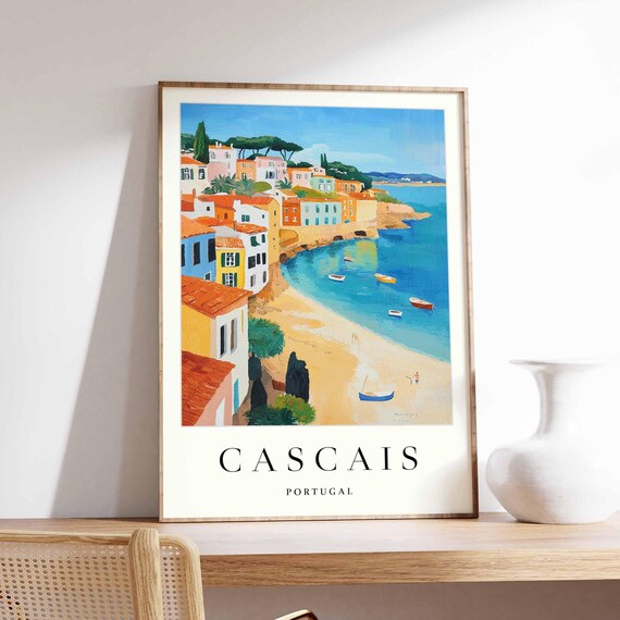 Cascais Portugal Sunny Seaside Harbor Beach Town Watercolor Poster