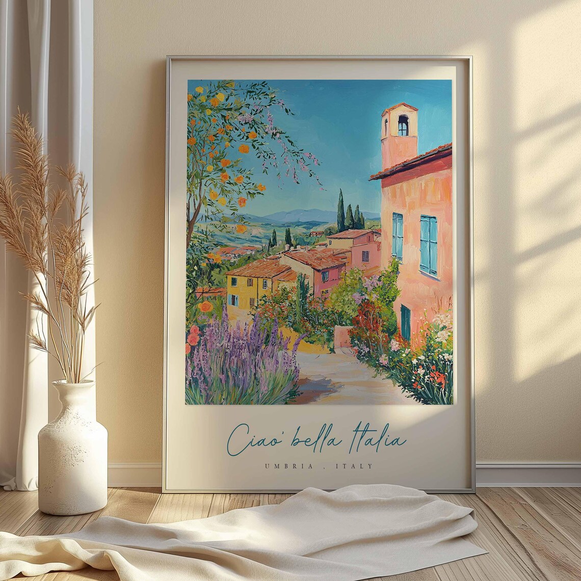 Umbria Italy Sunlit Lane Orange Tree Lavender Village Houses Poster - Image 2