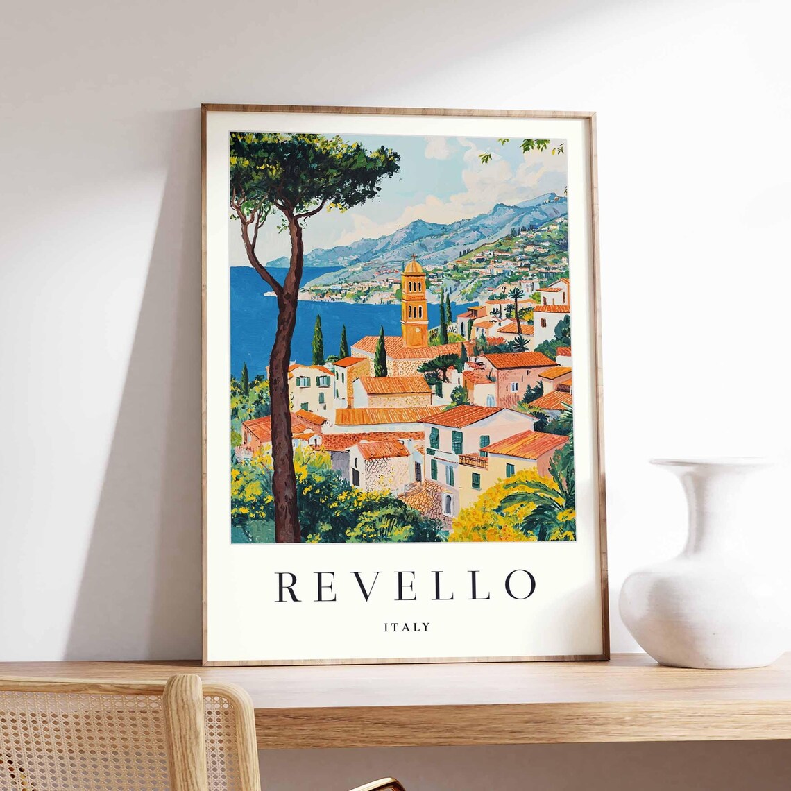 Revello Italy Coastal Town Bell Tower Pine Tree Sea Mountains Poster