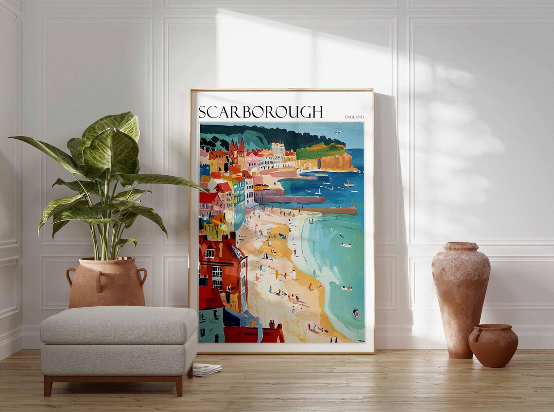 Scarborough Busy Beach Piers Vibrant Town Scene Poster England - Image 2