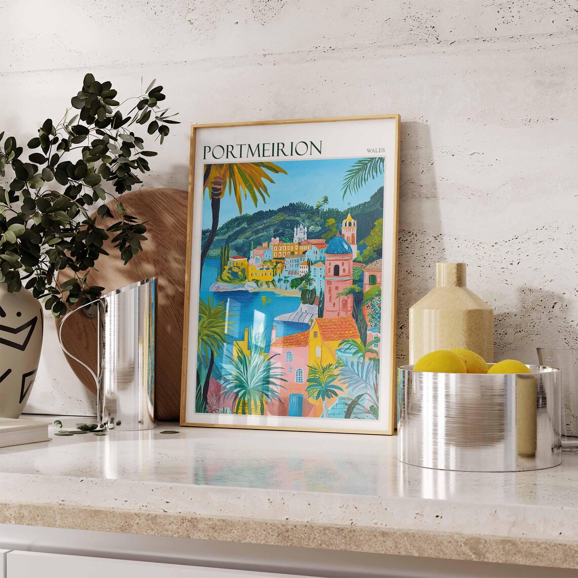 Portmeirion Wales Bay View Pink Tower Blue Dome Palms Art Poster - Image 3
