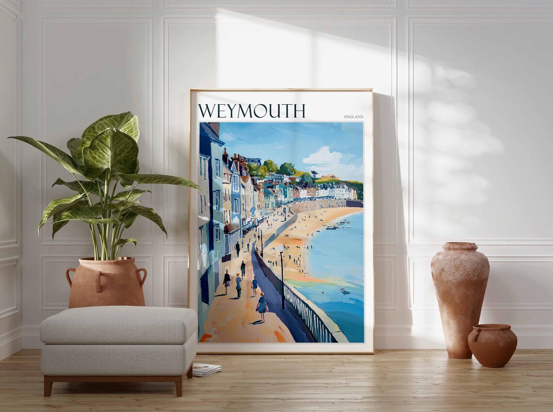 Weymouth Promenade Colorful Houses Beach Walkers Sunny Art Poster - Image 2