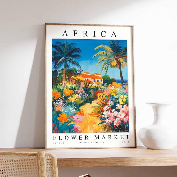 Africa Flower Market Poster Print African Street Scene Wall Art Colourful Botanical Decor Travel