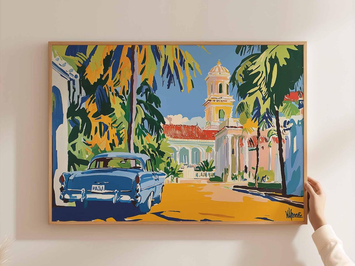 Vintage Blue Car Tropical Street Painting Island Scene Poster