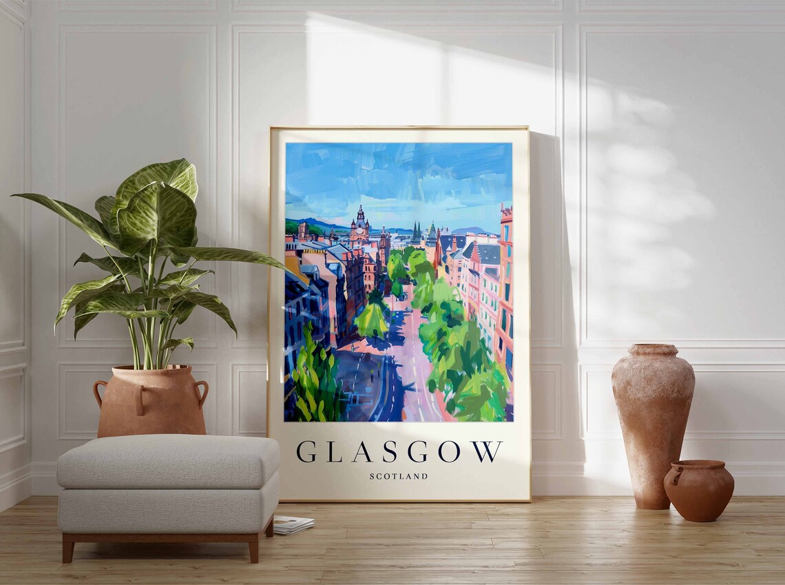 Glasgow Scotland Vibrant Colorful City Street Scene Travel Poster - Image 3