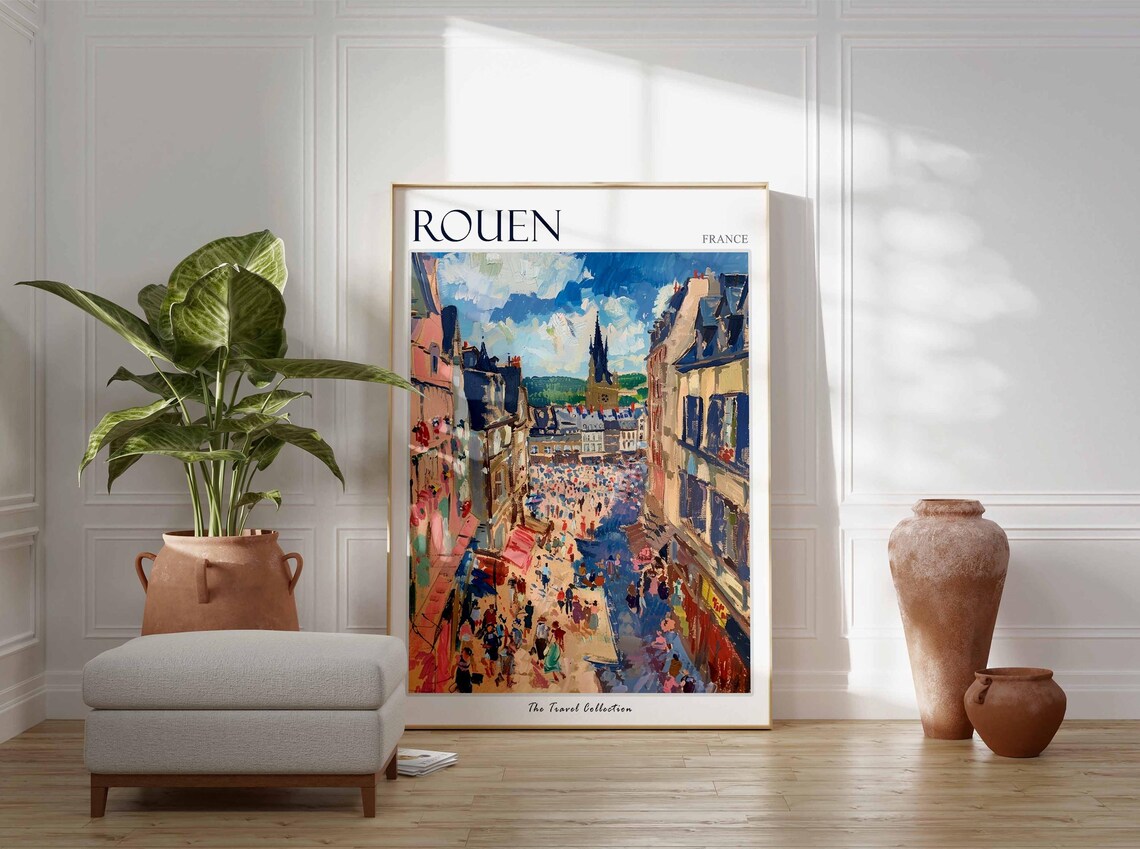 Rouen France Bustling Market Street Aerial Crowd Scene Poster - Image 3