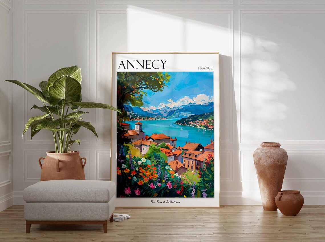 Annecy France Painted Lake Town Wildflower Vintage Travel Poster Art - Image 3