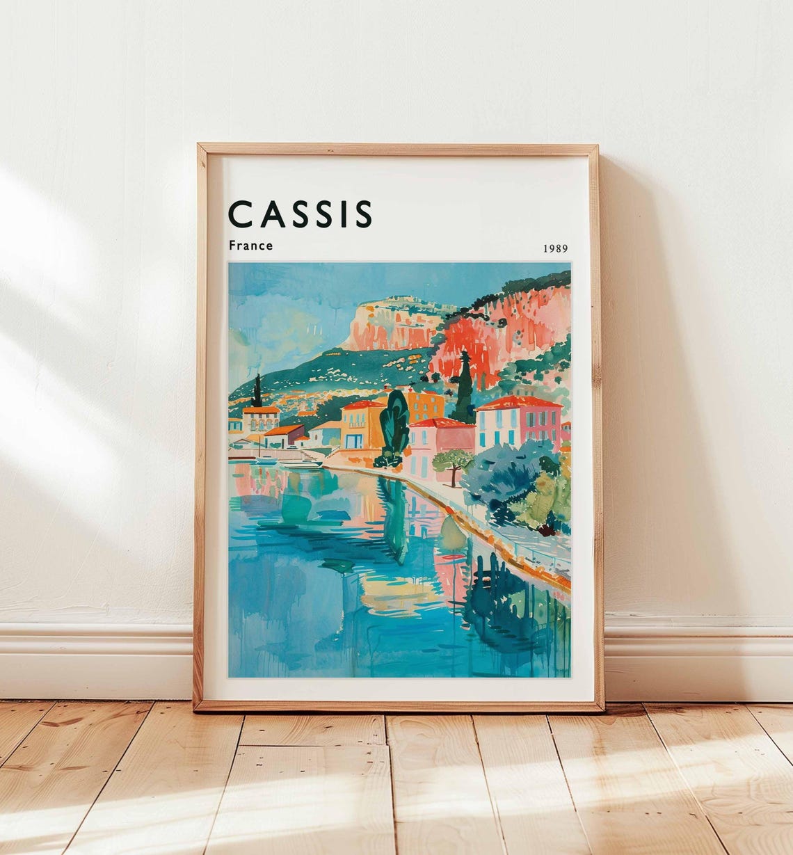 Cassis France 1989 Waterfront Reflections Pink Cliffs Vintage Poster