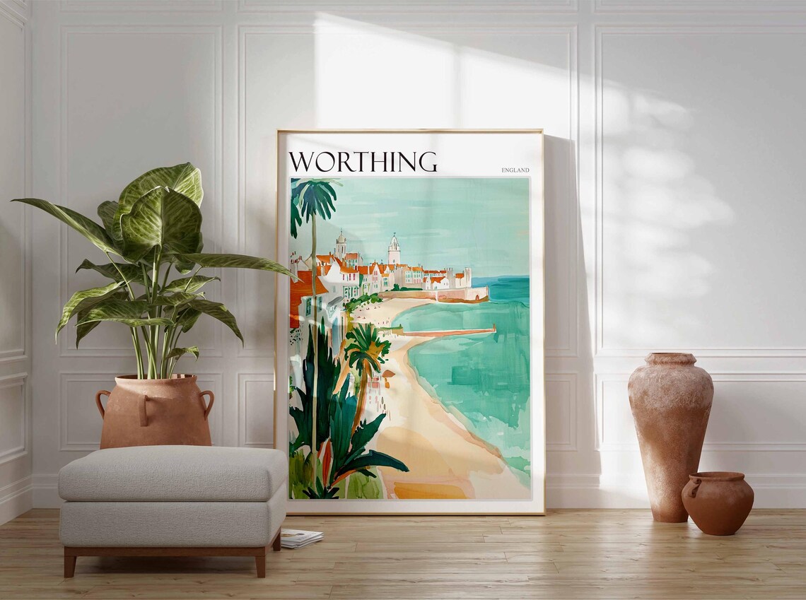 Worthing England Sandy Beach Palm Trees Watercolor Travel Poster - Image 2
