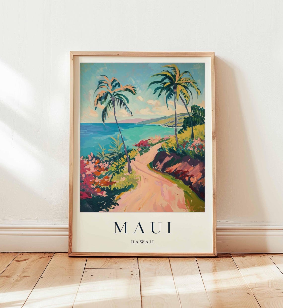 Maui Hawaii Winding Flower Path to Turquoise Beach Travel Poster