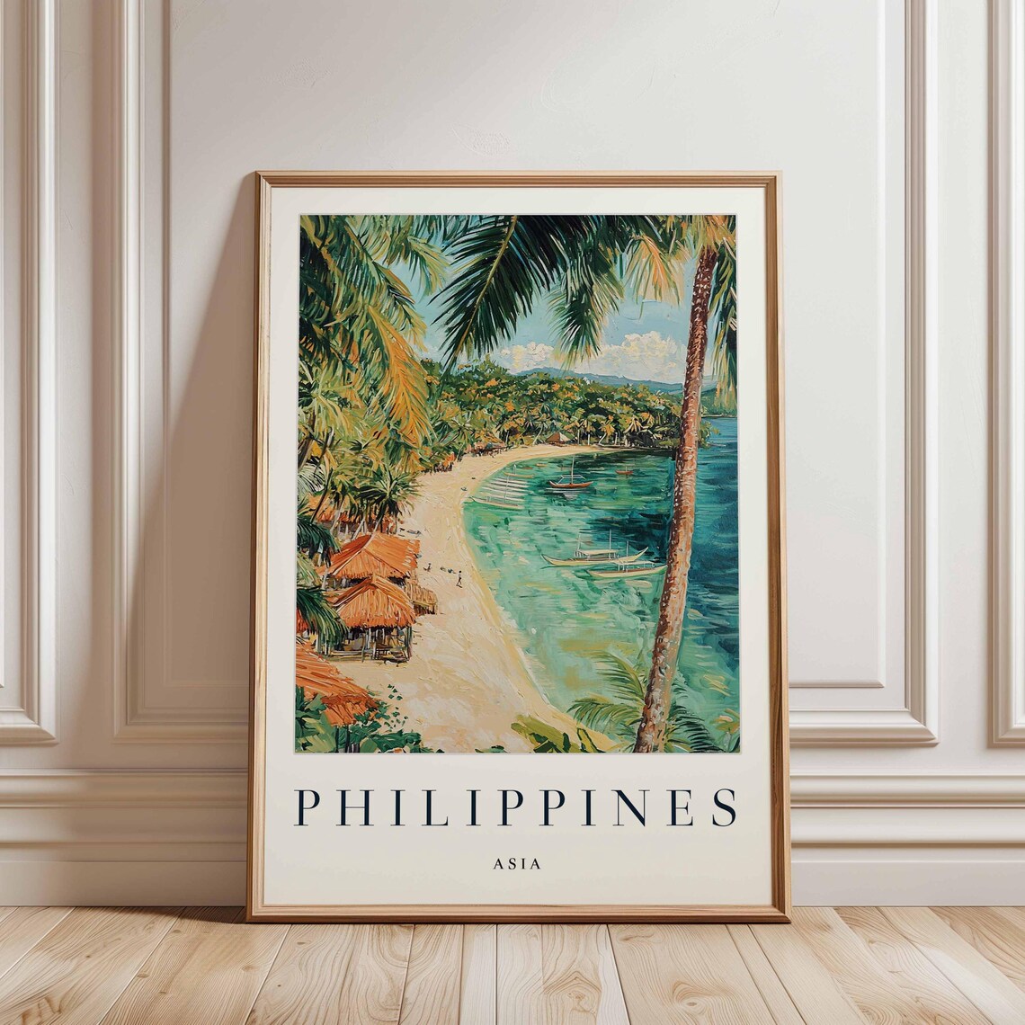 Philippines Tropical Beach Palm Trees Vintage Travel Art Poster
