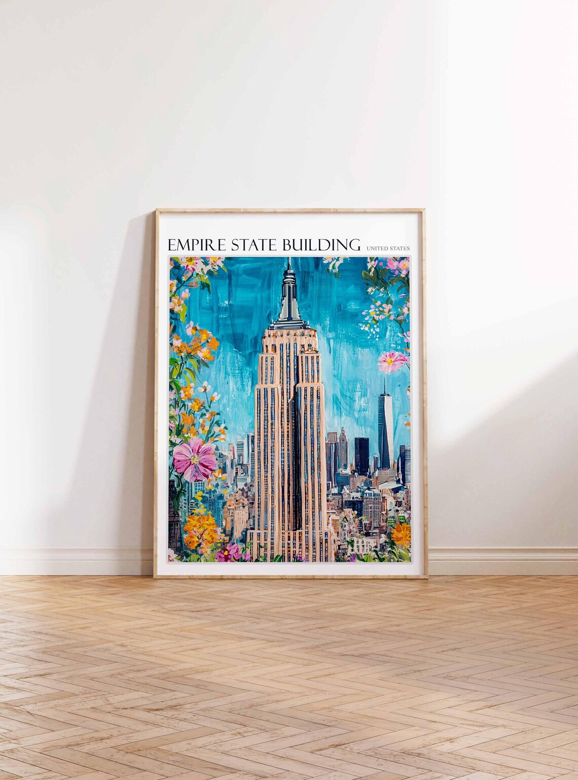 Empire State Building Flower Border New York Skyline Art Poster - Image 3