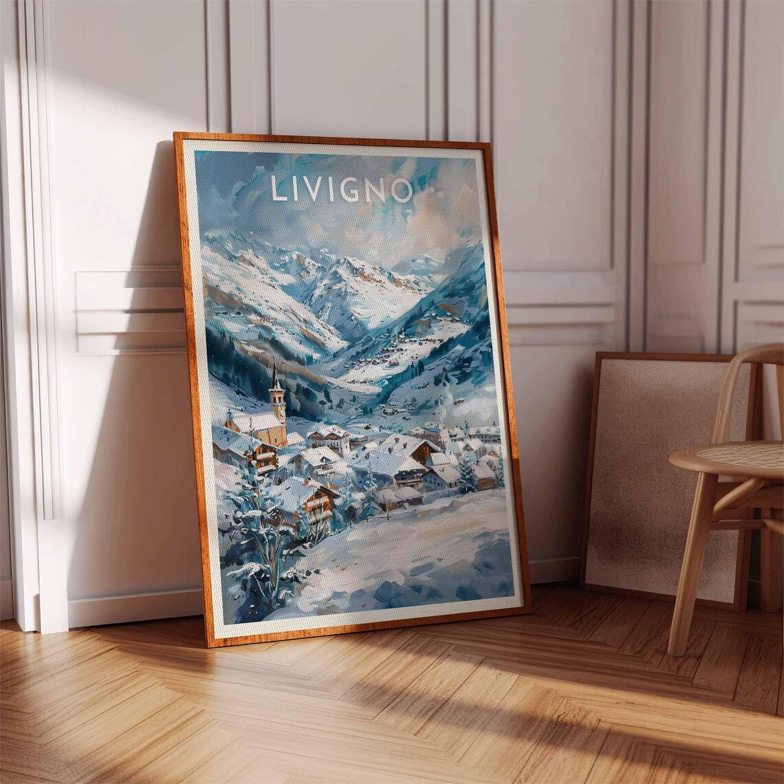 Livigno Italy Vintage Snowy Alps Ski Village Church Tower Poster - Image 3