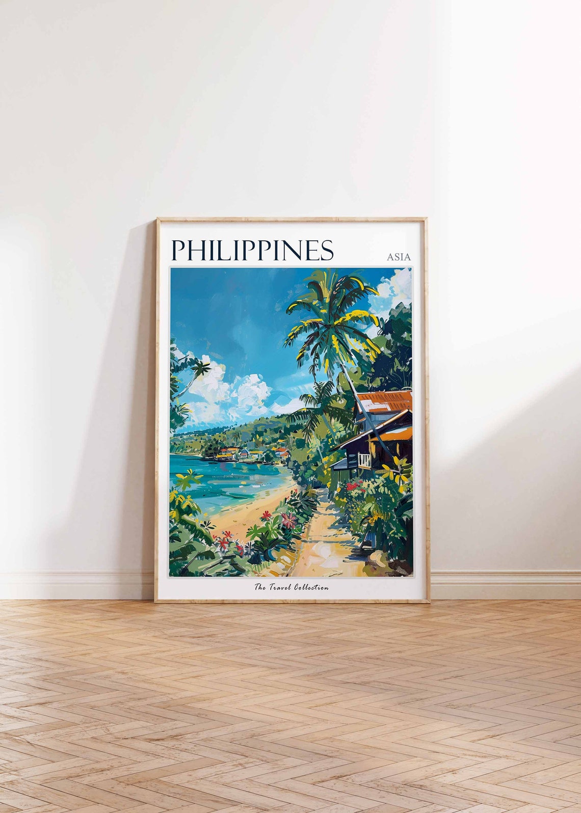 Philippines Asia Tropical Cove Beach Huts Palm Trees Scene Poster - Image 3